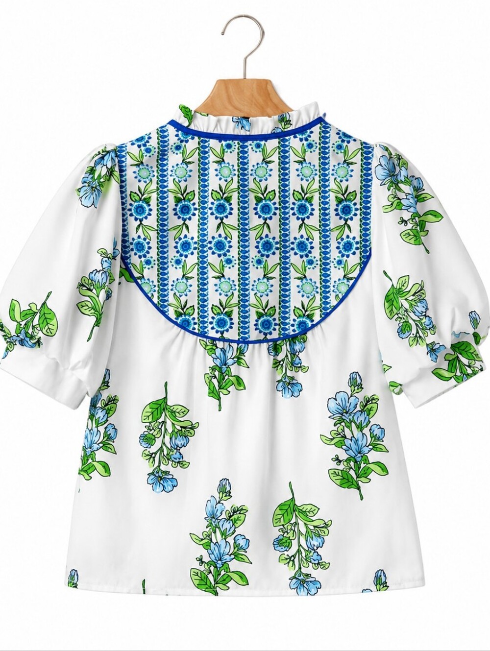ENTRO Floral Embroidered Puff-Sleeve Peasant Top - White & Blue Size Large - Picture 4 of 5